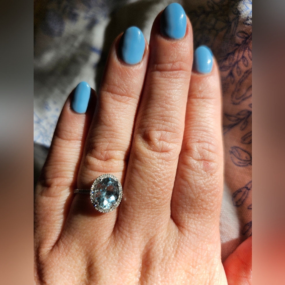 14k White Gold Oval 10x8mm Natural Aquamarine & Diamond Engagement Ring, sz 7